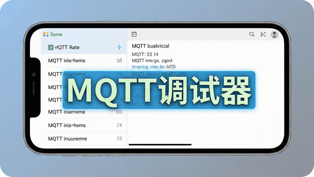 一张展示MQTT调试器消息收发功能的图片,画面中一部手机横屏显示,左侧是订阅主题列表,右侧是消息内容详情,屏幕上用高亮色标注“MQTT调试器”字样,背景是柔和的蓝灰渐变,风格干净利落,画质清晰,无多余元素