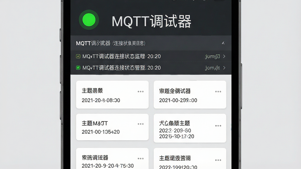 一张展示MQTT调试器连接状态监控和主题管理界面的图片,手机屏幕上半部分显示绿色连接状态指示灯和连接日志列表,下半部分显示多个订阅主题卡片,每张卡片上有主题名称和消息时间戳,图片中带有“MQTT调试器”文字标识,背景为纯色浅灰,风格扁平化,画质干净,无多余元素