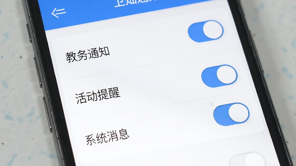 卫灿App消息通知设置界面,手机屏幕显示通知分类开关列表,包括教务通知、活动提醒、系统消息等选项,界面配色为白底蓝字,开关按钮清晰醒目,风格简约现代,画质干净无杂乱元素