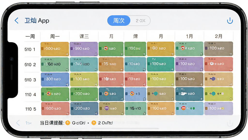 卫灿App课表管理界面,手机屏幕显示一周课程表格,不同课程用彩色色块区分,顶部有周次切换按钮,底部显示当日课程提醒,界面排版整齐,风格简洁明快,画质清晰干净