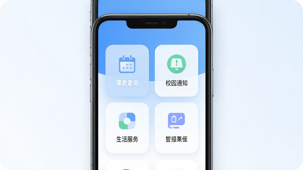 卫灿App主界面展示,手机屏幕中央显示校园服务功能卡片,包含课表查询、校园通知、生活服务等图标,背景为清爽的蓝白渐变,界面布局简洁清晰,风格现代扁平,细节圆润,画质干净无多余元素
