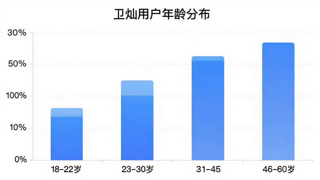 卫灿App用户年龄分布柱状图,横轴为18-22岁、23-30岁、31-45岁、46-60岁四个年龄段,纵轴为人数占比百分比,柱状颜色为蓝色渐变,图表标题为“卫灿用户年龄分布”,风格简洁商务,画质清晰干净