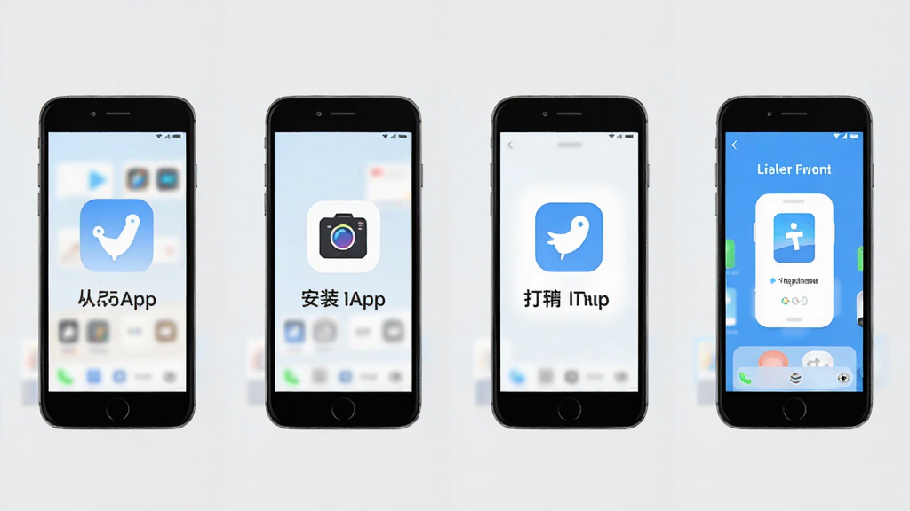 卫灿App安装使用流程图,手机屏幕显示从下载到安装再到打开使用的四个步骤画面,每个步骤配有简单图标和文字说明,背景为浅灰色,风格扁平化,画质清晰干净