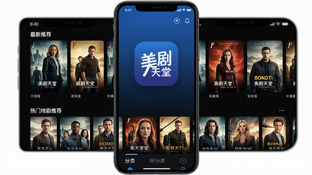 美剧天堂App主界面全貌展示,手机屏幕中央是美剧天堂的Logo和最新美剧推荐海报墙,下方有热门剧集列表和分类导航栏,整体布局清晰,风格现代简约,蓝黑色调为主,画质干净,无多余元素