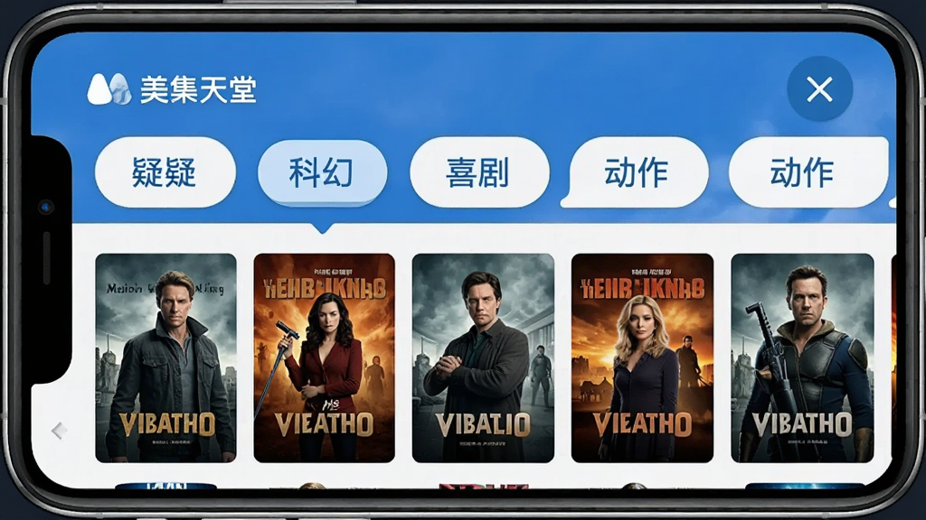 美剧天堂App内剧集分类浏览界面,手机屏幕显示悬疑、科幻、喜剧、动作等分类标签,下方是整齐排列的美剧海报缩略图,界面风格简洁,蓝白配色,文字标签清晰可辨,画质干净无多余元素