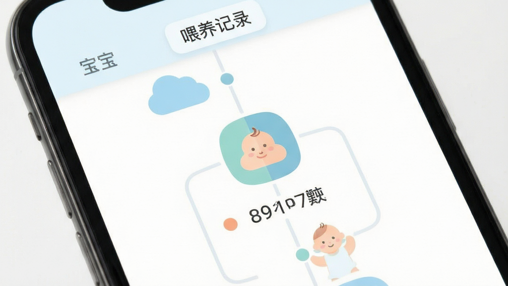 宝宝云 应用界面 喂养记录 页面 手机 屏幕 显示 时间轴 图标 简洁 扁平 设计 柔和 配色 清晰 文字 标签 干净 背景 无杂乱 元素 高清 画质