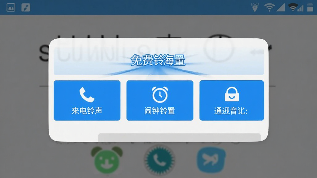 免费铃声海量 设置弹窗界面 三个选项按钮 来电铃声 闹钟铃声 通知音 手机屏幕截图 简洁UI 蓝色高亮 清晰易读
