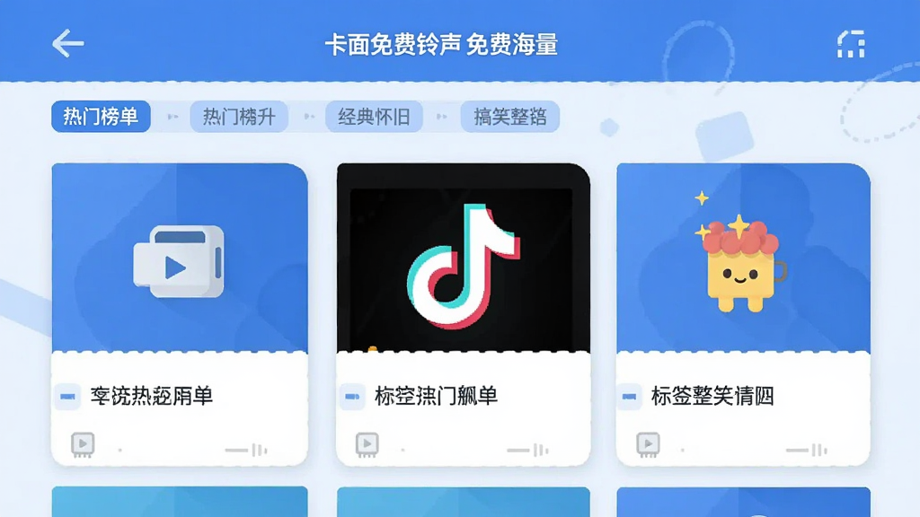 免费铃声海量 分类页面 热门榜单 抖音飙升 经典怀旧 搞笑整蛊 标签清晰 卡片式布局 蓝色调 扁平风格 干净无多余元素