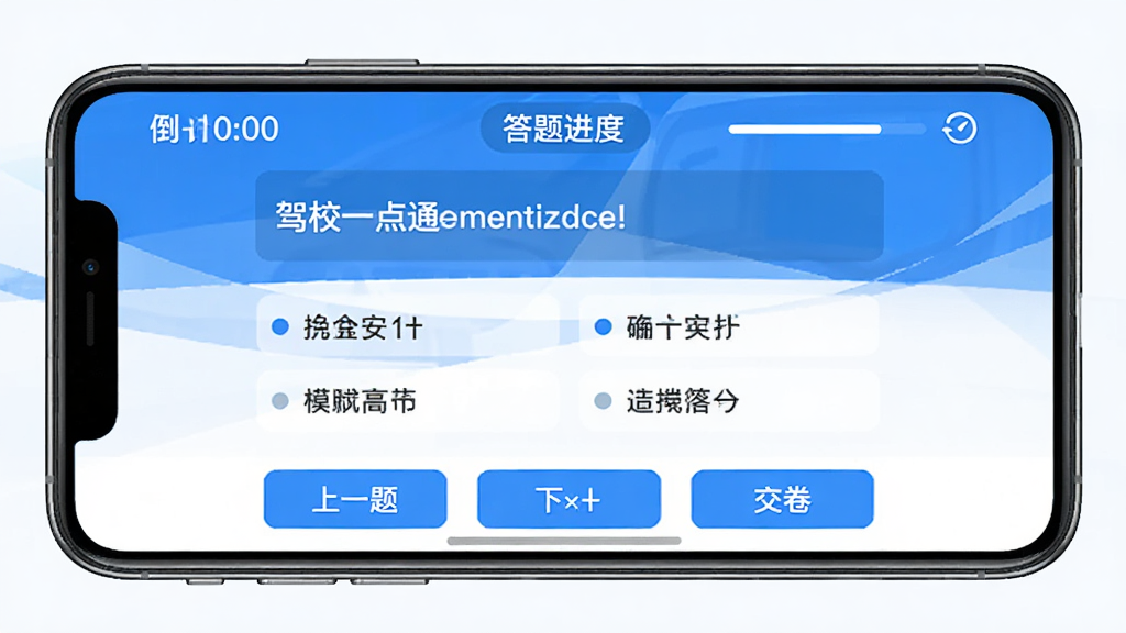 驾校一点通极速版模拟考试界面示意图,手机横屏显示,顶部有倒计时和答题进度,中间是题目和选项,底部有上一题、下一题和交卷按钮,界面风格简洁,蓝白配色,画质干净