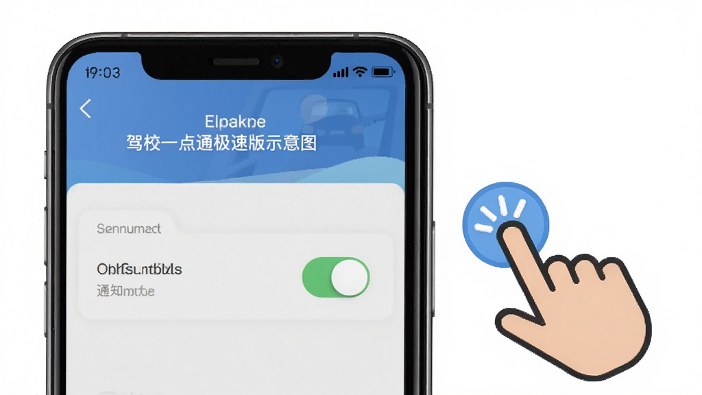 驾校一点通极速版安装设置示意图,手机屏幕显示应用权限管理界面,有存储权限和通知权限的开关,旁边有手指点击的图标,风格简洁,画质清晰