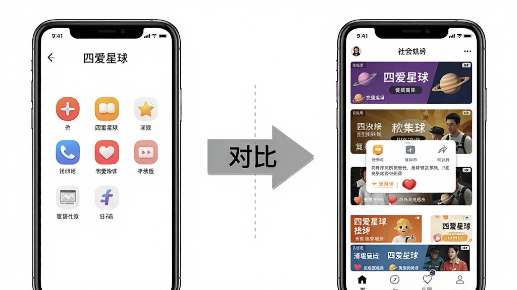 一张四爱星球App整体界面清爽度对比示意图,左侧手机屏幕显示四爱星球App界面,只有几个简洁的图标和文字,右侧手机屏幕显示一个假设的杂乱社交App界面,布满广告横幅和弹窗,中间用箭头和“对比”文字连接,风格直观明了,画质干净无多余元素