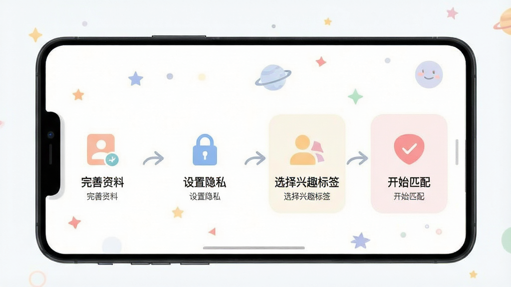 一张四爱星球App新手设置引导流程图,画面中手机屏幕显示设置向导页面,分步骤展示“完善资料”“设置隐私”“选择兴趣标签”“开始匹配”四个步骤,每个步骤配有小图标和简短文字说明,风格扁平化,颜色柔和,画质干净无多余元素
