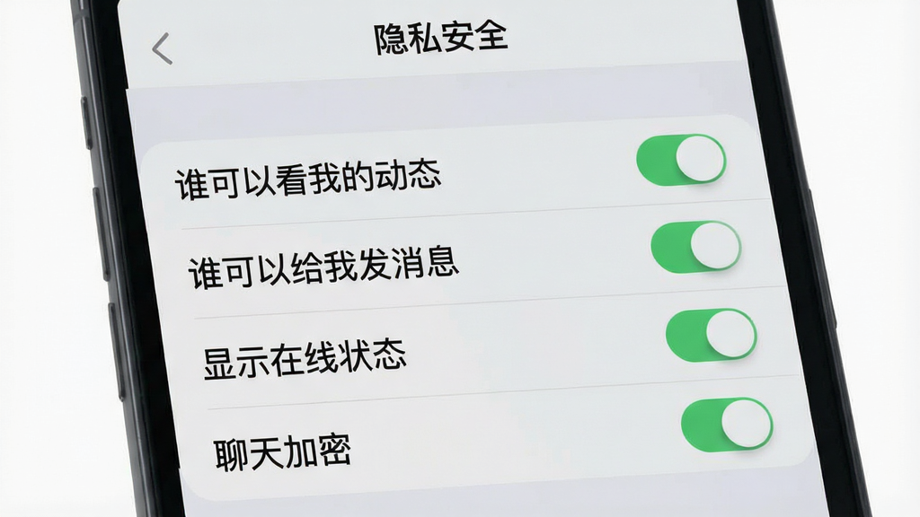 一张四爱星球App隐私设置界面图,手机屏幕显示设置页面,列表项包括“谁可以看我的动态”“谁可以给我发消息”“显示在线状态”“聊天加密”等选项,每个选项右侧有开关按钮,顶部有“隐私安全”标题,背景为浅灰色,风格简洁清晰,细节圆润,画质干净无多余元素