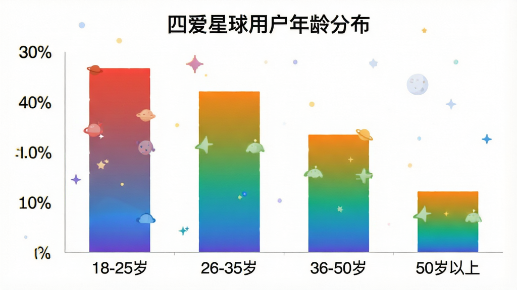 一张四爱星球用户年龄分布柱状图,横轴为年龄段“18-25岁”“26-35岁”“36-50岁”“50岁以上”,纵轴为用户占比百分比,柱子高度分别显示约45%、30%、18%、7%,柱体颜色为渐变色,图表标题为“四爱星球用户年龄分布”,风格简洁数据可视化,画质干净无多余元素