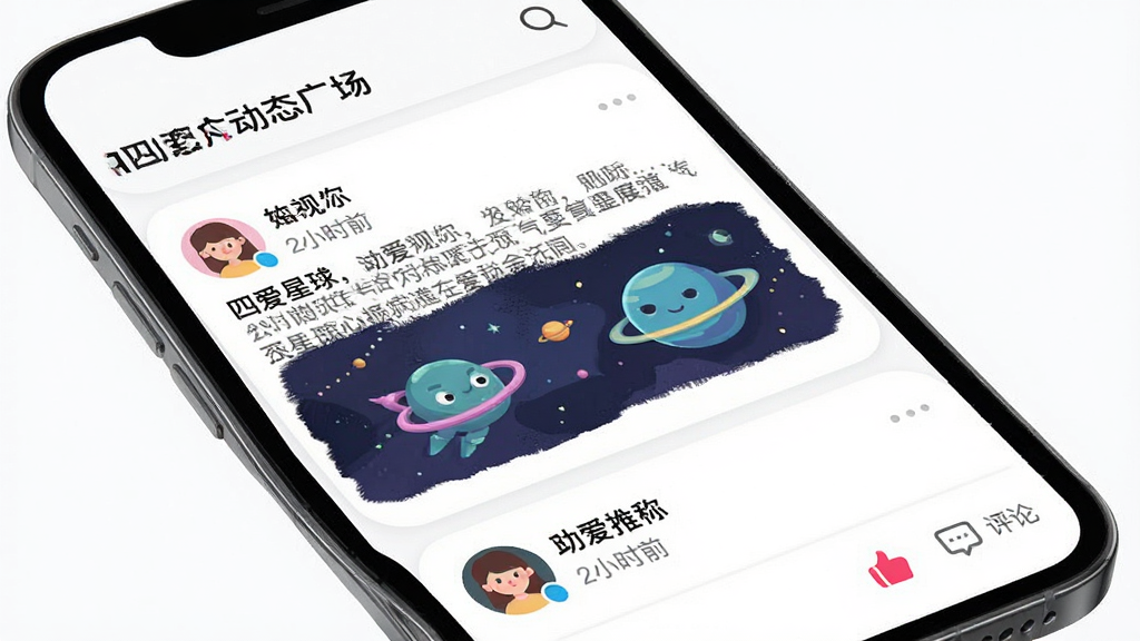 一张四爱星球App动态广场界面图,手机屏幕显示信息流页面,每条动态包含用户头像、昵称、发布时间、文字内容和配图,右下角有点赞和评论图标,顶部有“动态广场”标题和搜索图标,背景为白色,风格简洁明快,细节圆润,画质干净无多余元素