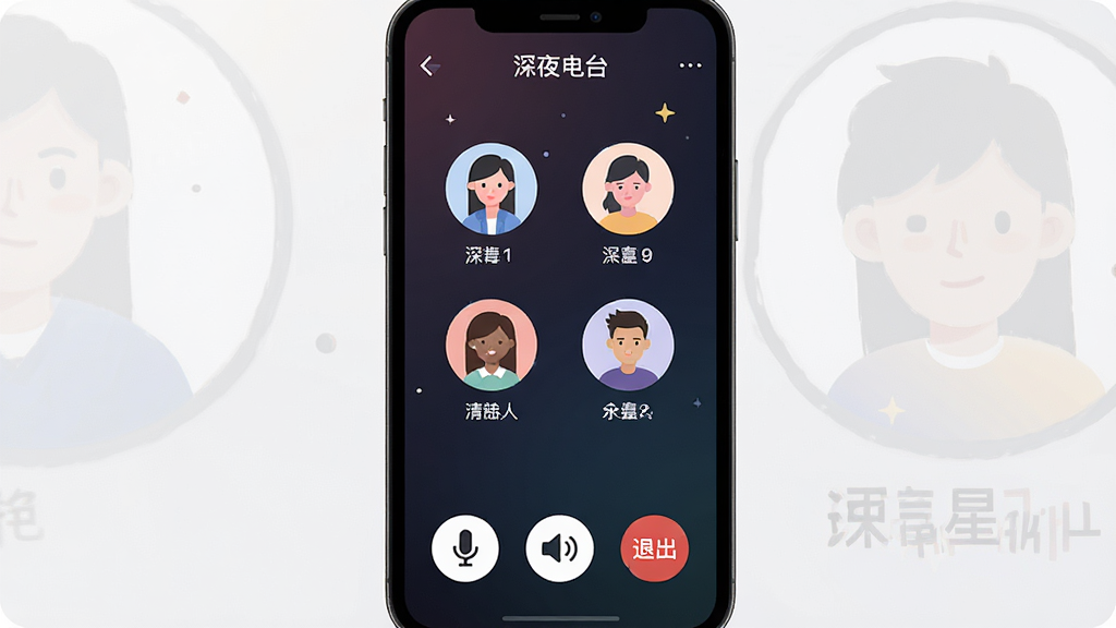 一张四爱星球App语音聊天房间界面图,手机屏幕显示一个语音房间页面,顶部房间名称“深夜电台”,中间有六个圆形头像环绕排列,每个头像下方有昵称,底部有麦克风、扬声器、退出房间三个按钮,背景为深色渐变,风格现代扁平,细节清晰,画质干净无多余元素