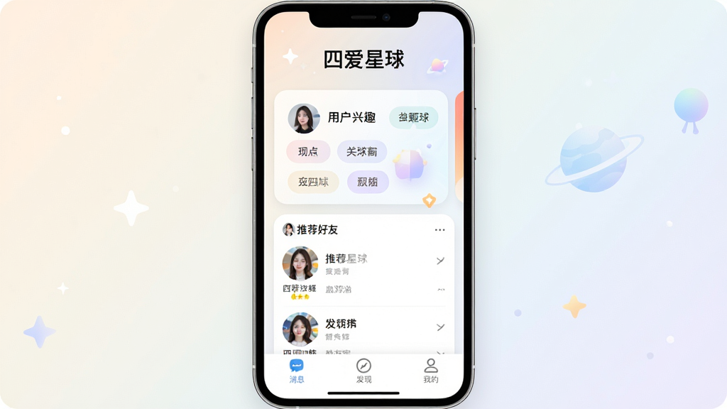 一张展示四爱星球App核心界面的手机样机图,画面中央是手机屏幕,屏幕内显示四爱星球App的主页,顶部有“四爱星球”文字Logo,中间是用户兴趣标签卡片和推荐好友列表,底部有消息、发现、我的三个导航图标,背景为浅色渐变,风格简洁清新,细节圆润,画质干净无多余元素