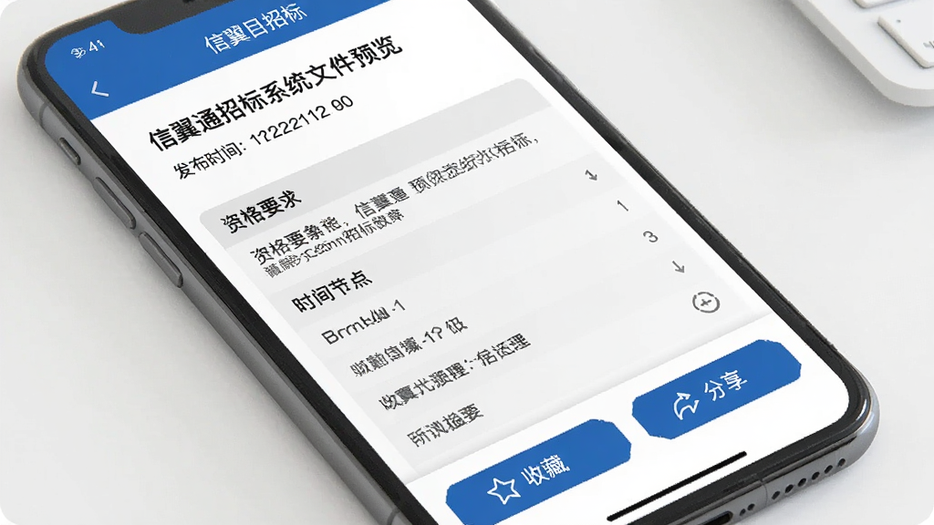 信翼通招标系统 文件预览与收藏界面,手机屏幕显示一份招标公告详情页,上方是项目名称和发布时间,中间是资格要求和时间节点列表,底部有收藏按钮和分享按钮,界面配色以蓝白灰为主,排版整齐,风格专业简洁,画质干净无多余元素。