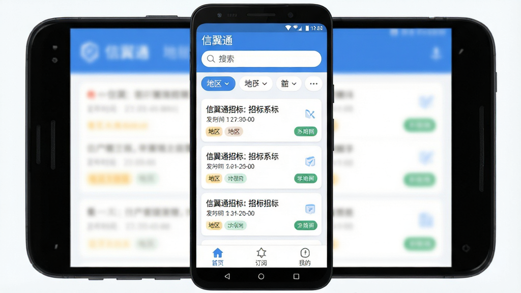 信翼通招标系统 手机应用主界面展示,画面中央是一部安卓手机,屏幕显示信翼通招标系统的首页,顶部是搜索框和地区筛选标签,中间是招标公告列表,每条公告带有标题、发布时间和地区标签,底部是首页、订阅、我的三个导航按钮。整体布局简洁清晰,蓝白配色为主,风格现代扁平化,图标圆润,画质干净无多余元素,文字清晰可读。