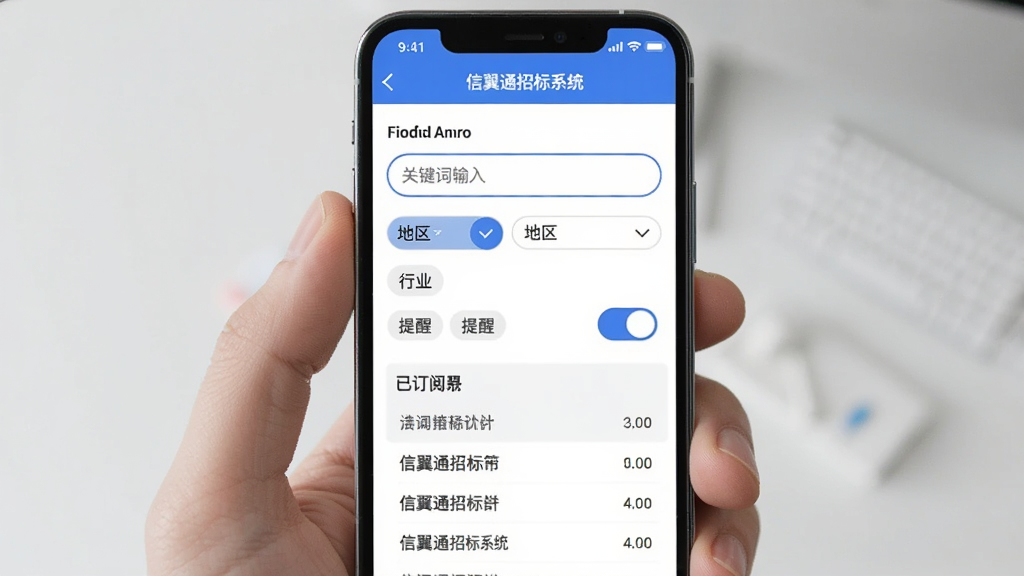 信翼通招标系统 订阅提醒功能界面,手机屏幕展示订阅设置页面,包含关键词输入框、地区多选按钮、行业标签和提醒开关,背景为白色,按钮为蓝色圆角设计,下方有已订阅列表,整体风格干净清爽,画质清晰,无杂乱元素。