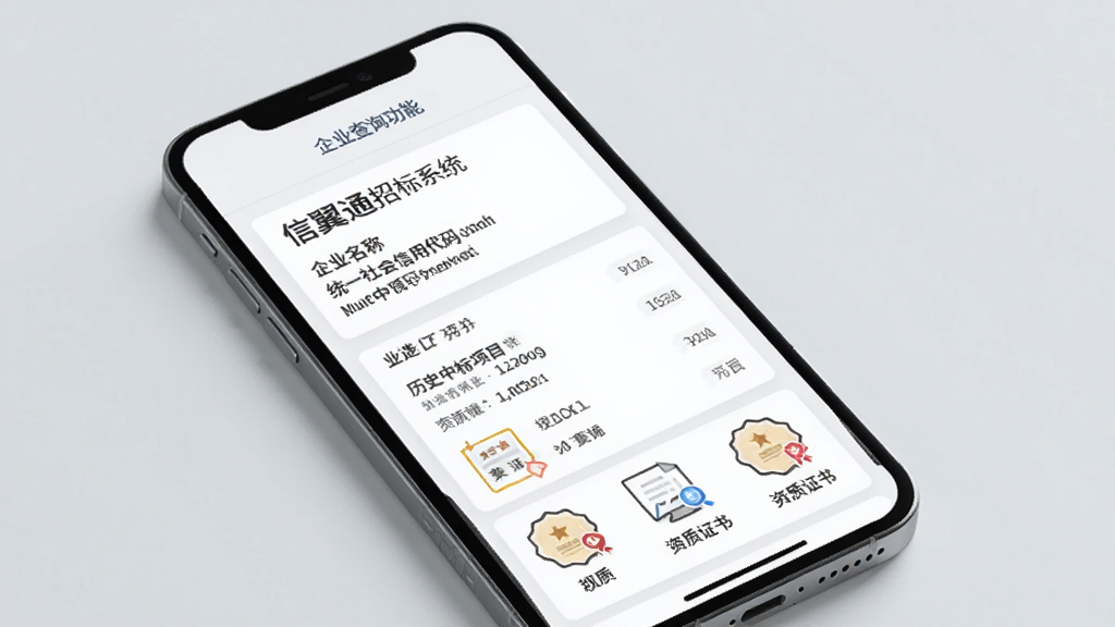 信翼通招标系统 企业查询功能展示,手机屏幕显示企业信息页面,包含企业名称、统一社会信用代码、历史中标项目列表和资质证书图标,背景为浅灰色,卡片式布局,字体清晰,风格商务简洁,画质干净,无多余装饰元素。