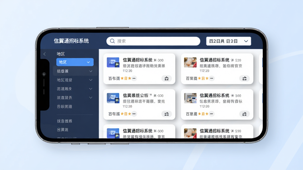 信翼通招标系统 信息聚合功能展示,画面中一部手机横屏放置,屏幕显示多条招标公告卡片式排列,左侧有地区筛选侧边栏,顶部有搜索框和日期选择器,背景是淡蓝色渐变,卡片带有阴影和圆角,风格简洁商务,画质清晰干净,无多余元素。