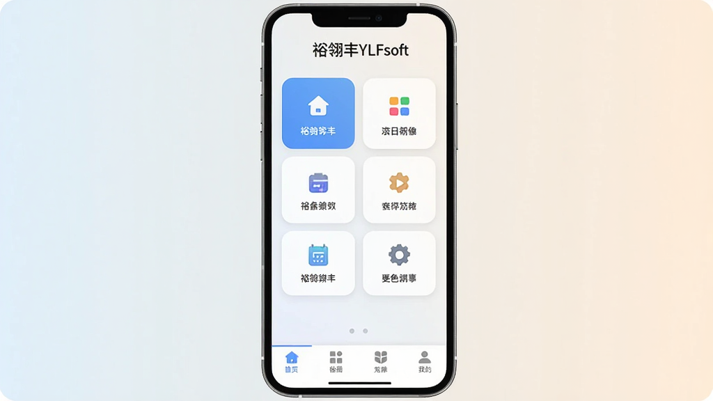 裕翎丰YLFsoft 软件主界面全貌展示,手机屏幕居中,界面简洁清爽,顶部显示软件名称“裕翎丰YLFsoft”,中部为功能卡片式布局,底部导航栏清晰,背景为浅色渐变,风格现代扁平,细节圆润,画质干净无多余元素