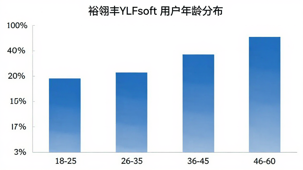 裕翎丰YLFsoft 用户年龄分布柱状图,横轴为年龄段18-25、26-35、36-45、46-60,纵轴为用户占比百分比,柱状颜色为蓝色渐变,图表标题“裕翎丰YLFsoft 用户年龄分布”,风格简洁商务,画质干净,无多余元素