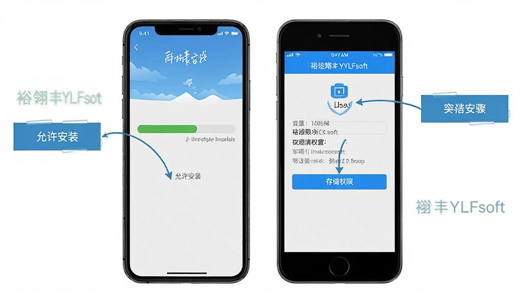 裕翎丰YLFsoft 安装步骤示意图,手机屏幕显示安装进度条和权限设置界面,界面标注“允许安装”“存储权限”等选项,风格写实,画质清晰,无多余元素