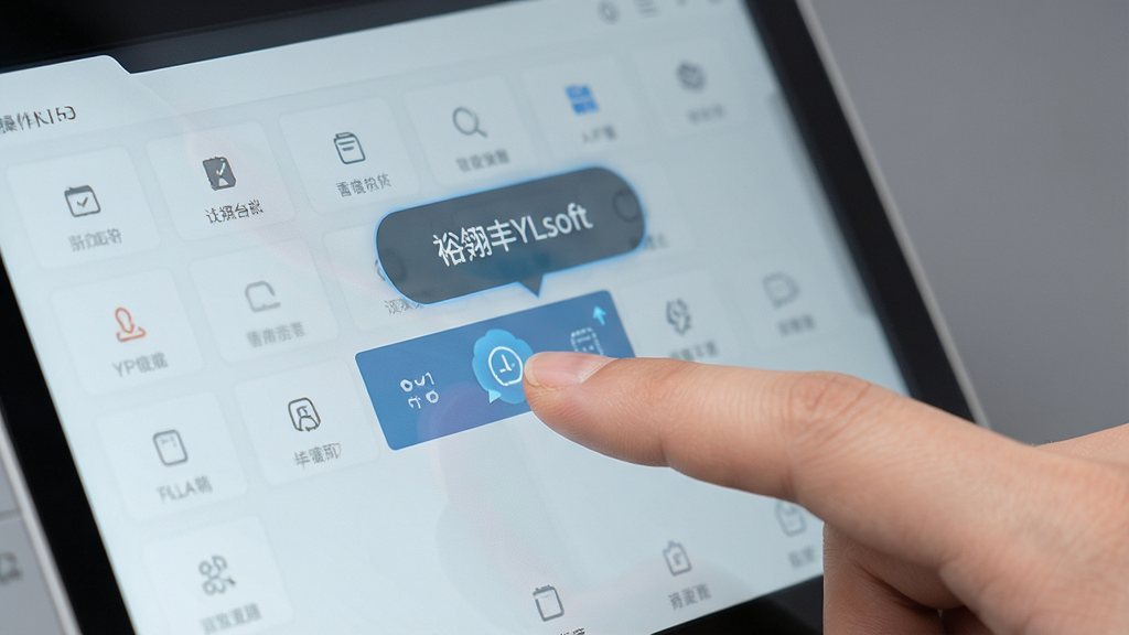 裕翎丰YLFsoft 操作界面特写,手指轻触屏幕上的功能按钮,界面弹出即时反馈动画,背景为纯色,风格极简,画质清晰干净,无多余装饰元素