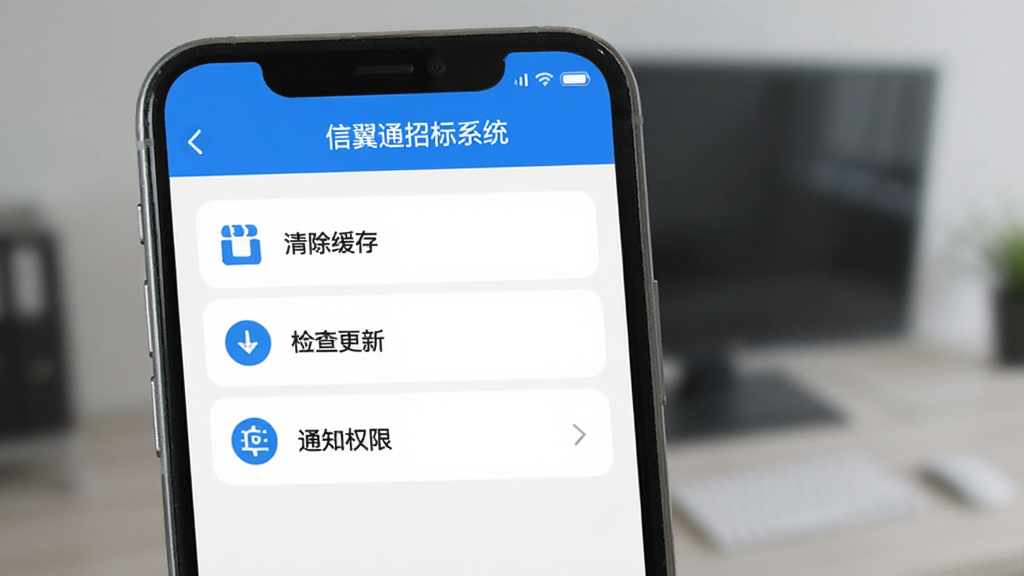 信翼通招标系统手机端操作示意图,手机屏幕显示软件设置页面,包含清除缓存、检查更新、通知权限等选项,界面简洁明了,蓝白配色,图标清晰,整体风格统一