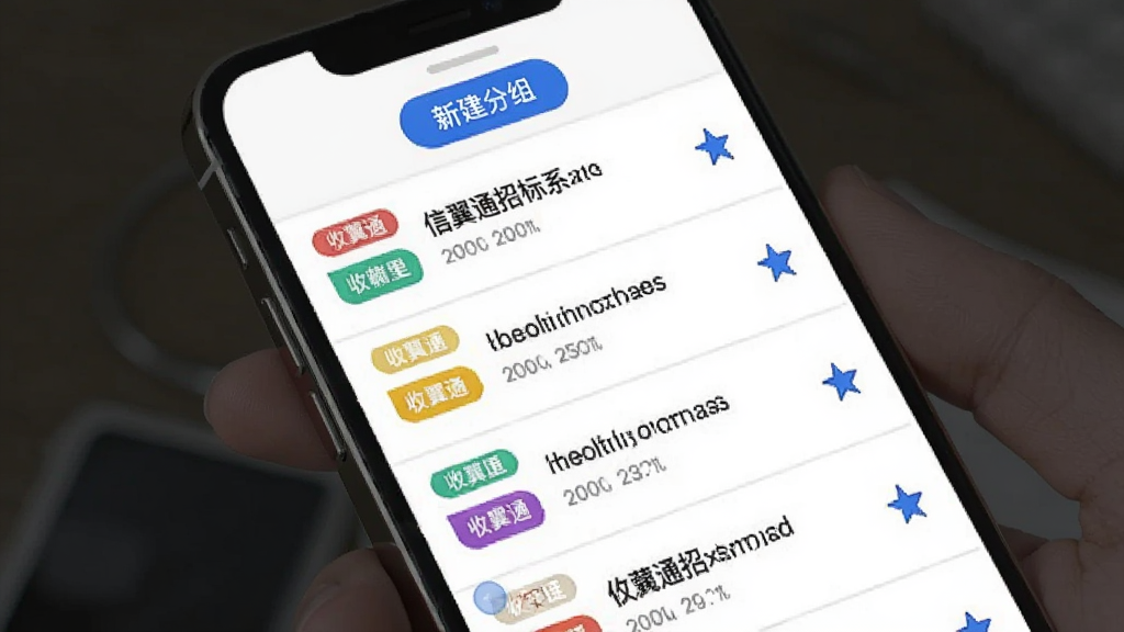 信翼通招标系统收藏夹功能界面,手机屏幕显示收藏的招标项目列表,每个项目左侧有彩色标签分类,右侧有星标图标,顶部有新建分组按钮,界面以白色为底,蓝色点缀,风格极简,布局清晰,无多余装饰元素