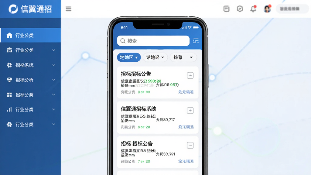 信翼通招标系统主界面展示,手机屏幕中央显示清晰的招标公告列表,顶部有搜索框和地区筛选标签,左侧有行业分类导航栏,界面以蓝白配色为主,背景干净整洁,整体风格现代简约,画质清晰无多余元素