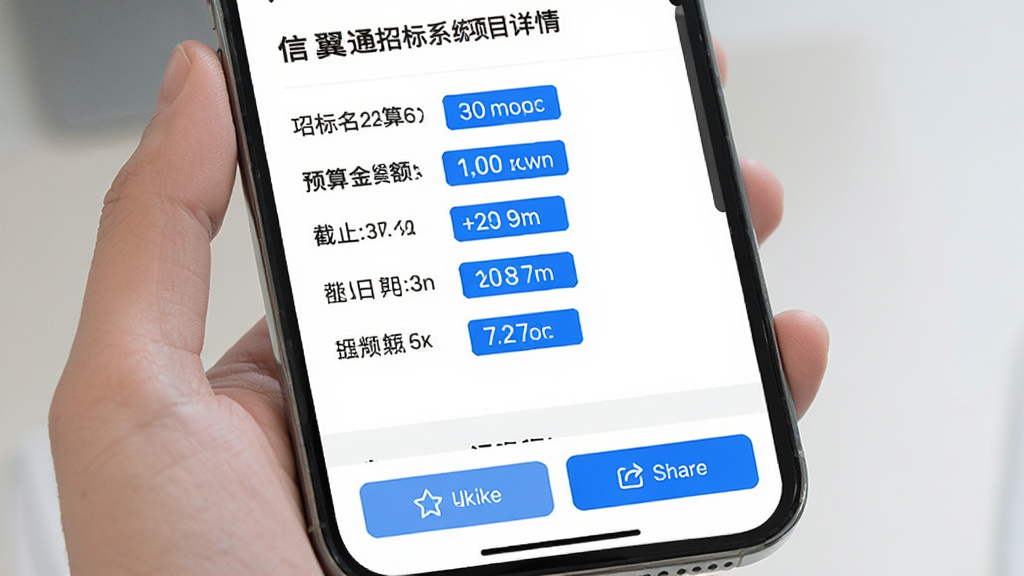 信翼通招标系统项目详情页面展示,手机屏幕显示一份招标公告的详细内容,包含项目名称、预算金额、截止日期等字段,关键数据用蓝色高亮标注,页面底部有收藏和分享按钮,界面设计清爽,文字排版规整,画质干净