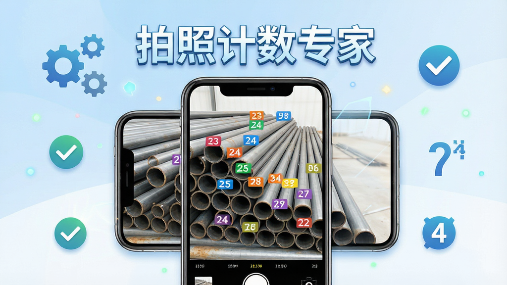 一张展示拍照计数专家核心功能的宣传图,画面中央是一部智能手机,手机屏幕上显示着正在拍摄一堆钢管的画面,钢管上自动标注了彩色数字标签,手机上方悬浮着“拍照计数专家”的文字标题,背景是简洁的蓝白渐变风格,周围点缀着齿轮、对勾、数字等科技感图标,整体排版清晰,画质干净明亮,无多余元素