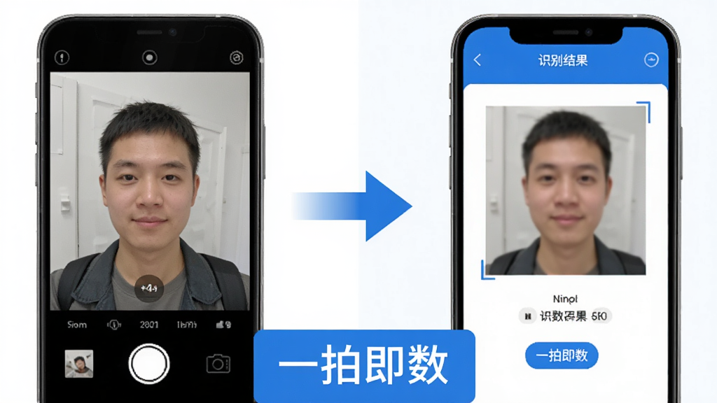 一张展示拍照计数专家操作步骤的示意图,画面分为左右两部分,左侧是手机拍照界面,右侧是识别结果界面,中间用箭头连接,底部标注“一拍即数”的文字,整体风格简洁明了,蓝白配色,画质干净,无多余元素