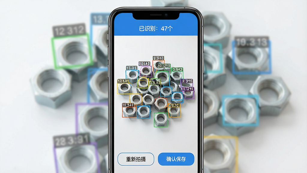 一张展示拍照计数专家AI识别界面的示意图,画面中一部手机正在拍摄一堆散落的螺母,手机屏幕上每个螺母都被彩色方框圈出并标注了序号,屏幕顶部显示“已识别:47个”的统计结果,底部有“重新拍摄”和“确认保存”两个按钮,整体风格简洁现代,蓝白配色,画质清晰干净,无多余元素