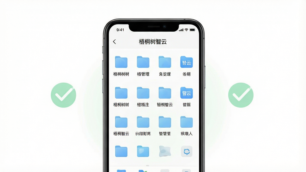 一张展示梧桐树智云清爽界面的图片,画面中央是手机屏幕,屏幕内显示梧桐树智云的文件管理页面,布局整齐,图标清晰,没有任何广告横幅或弹窗,背景是纯白色,屏幕周围有淡淡的绿色对勾标记,象征干净无干扰,风格简约现代,画质干净,无多余元素