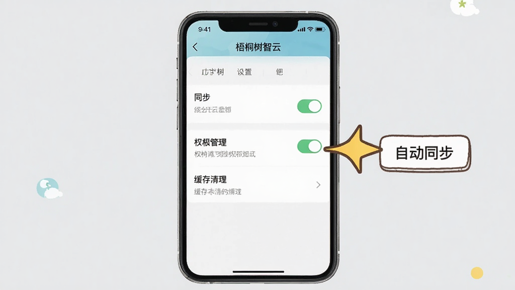 一张展示梧桐树智云新手设置界面的图片,画面中央是手机屏幕,屏幕内显示梧桐树智云的设置页面,包含同步开关、权限管理、缓存清理等选项,屏幕旁边有一个卡通风格的小箭头指向“自动同步”开关,背景是浅灰色,风格友好易懂,布局清晰,画质干净,无多余元素