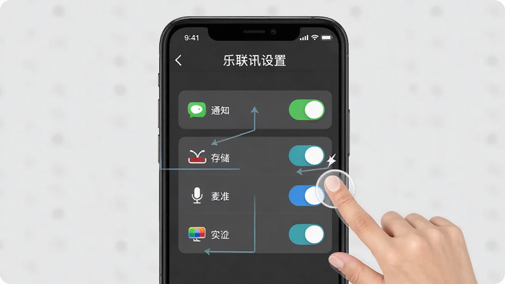 一张展示乐联讯安装设置步骤的示意图,画面主体是手机屏幕,屏幕上显示权限设置界面,有通知、存储、麦克风等开关图标,旁边有手指点击的示意,背景是浅灰色,风格简洁明了,画质干净无多余元素