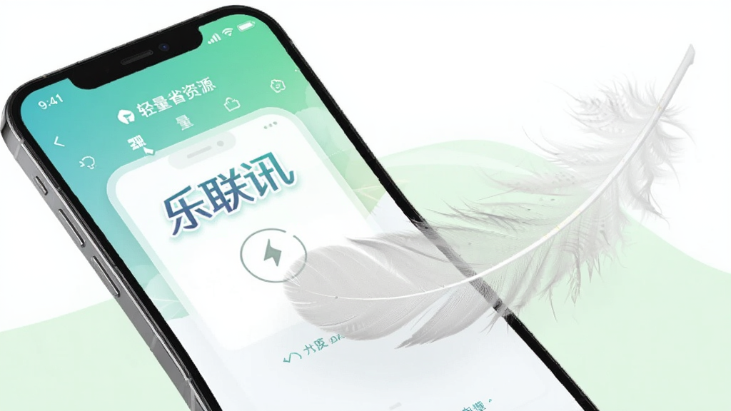 一张展示乐联讯轻量省资源的示意图,画面主体是一部手机和一片羽毛,手机屏幕上显示乐联讯界面,羽毛轻轻落在手机旁边,象征轻巧省电,背景是白色和淡绿色,风格清新简约,画质干净无多余元素