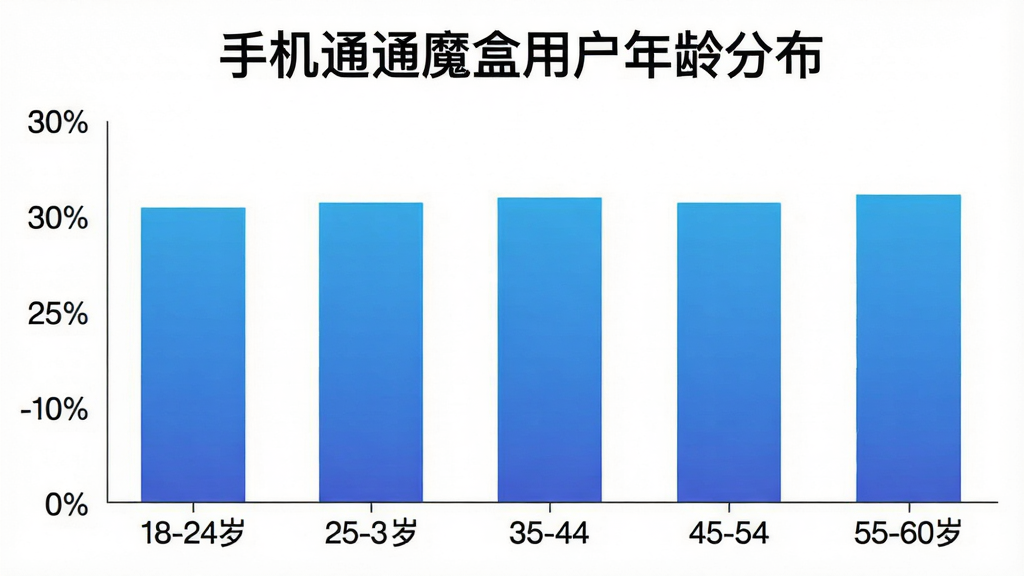手机通畅魔盒用户年龄分布柱状图,横轴标注18-24岁、25-34岁、35-44岁、45-54岁、55-60岁五个年龄段,纵轴标注用户占比百分比,柱状图颜色为蓝色渐变,图表上方有