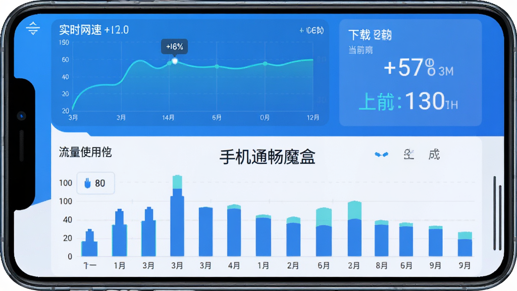 手机通畅魔盒网速监控与流量统计界面,手机屏幕上半部分显示实时网速曲线图和当前下载上传速度,下半部分显示流量使用柱状图,标注