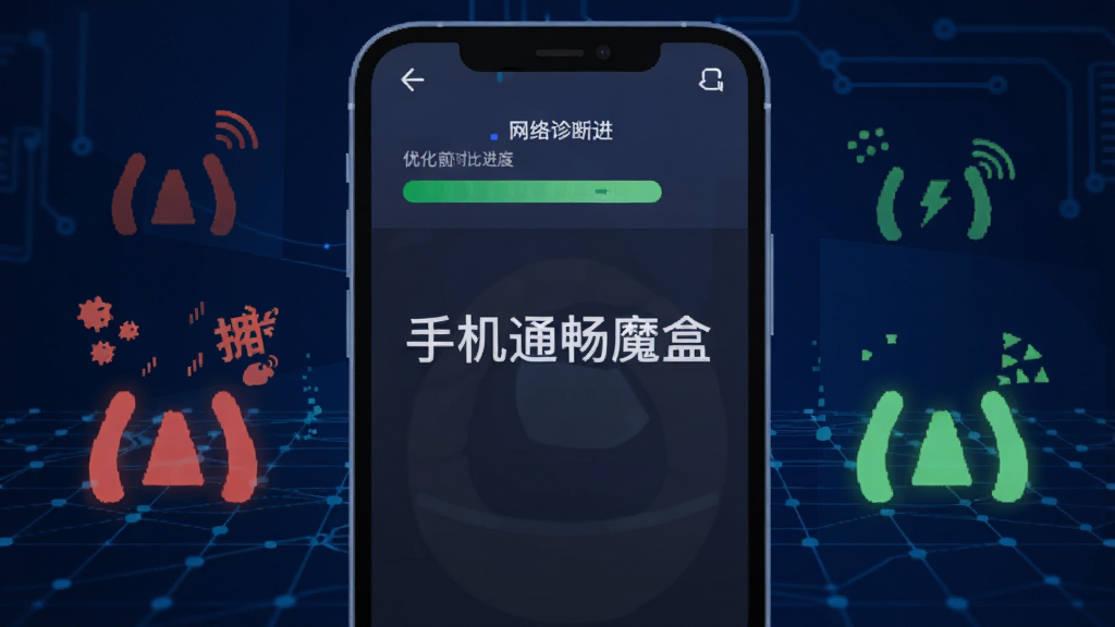 手机通畅魔盒智能网络诊断功能展示图,画面中一部手机屏幕显示网络诊断进度条和优化前后的对比数据,左侧是红色拥堵的网络信号图标,右侧是绿色畅通的信号图标,中间有