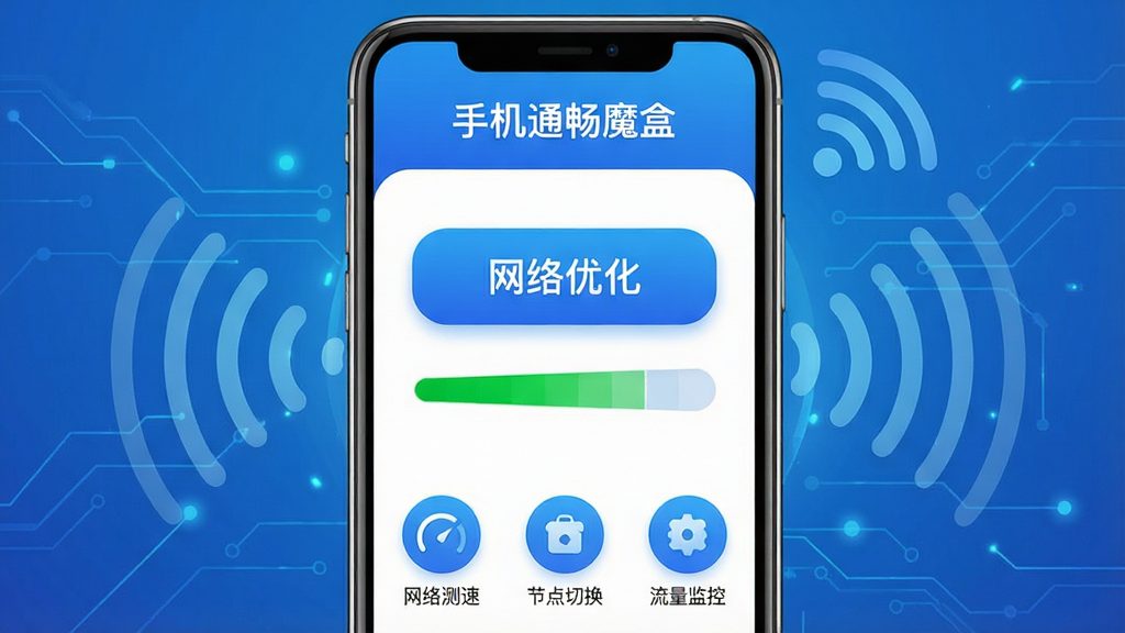 手机通畅魔盒软件核心全貌展示,画面中央是一部智能手机,屏幕显示手机通畅魔盒主界面,界面顶部有