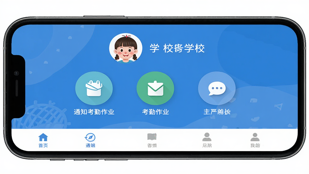孩子通家长端 软件主界面 蓝色调 顶部显示孩子头像和学校名称 中间是通知考勤作业三个大图标 底部导航栏 扁平化设计 干净整洁 高清画质 手机屏幕展示