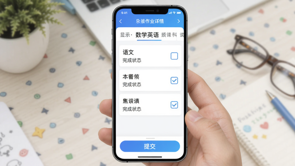 孩子通家长端 作业详情页面 显示语文数学英语三科作业条目 每条有完成状态勾选框 底部有提交按钮 界面清爽 蓝白配色 手机竖屏展示