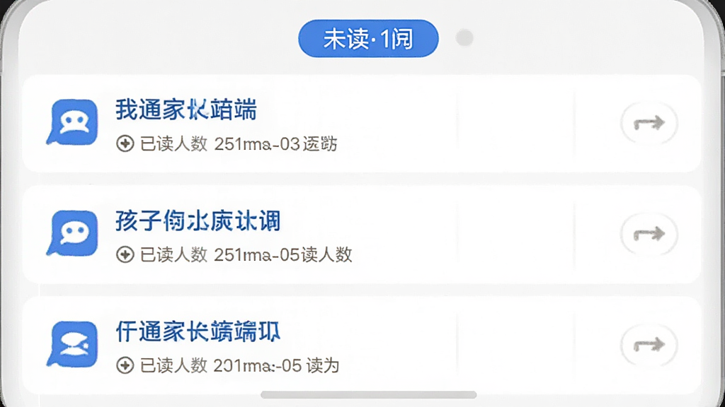 孩子通家长端 通知列表界面 每条通知显示标题和已读人数 顶部有未读筛选标签 白色背景 蓝色强调色 清晰易读 手机截图风格