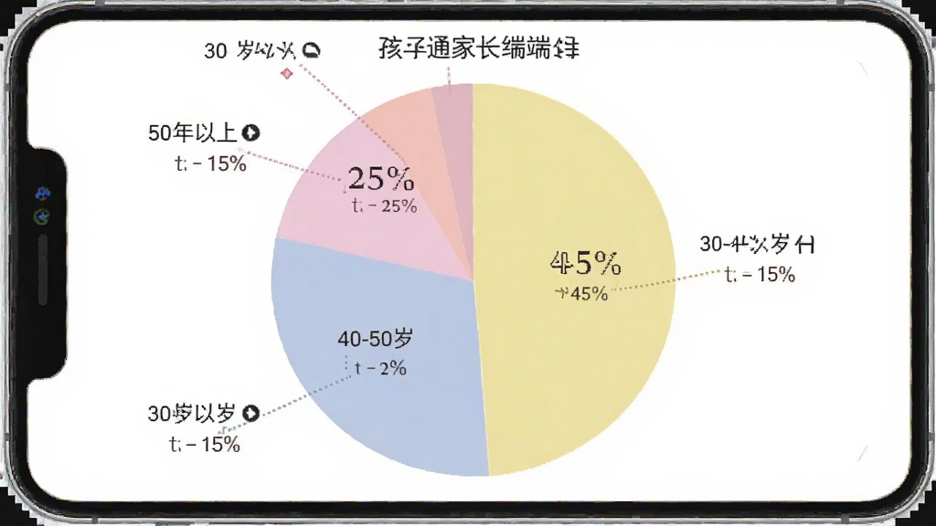 孩子通家长端 用户年龄分布饼状图 显示30-40岁占45% 40-50岁占25% 50岁以上占15% 30岁以下占15% 色彩柔和 数据清晰 图表风格