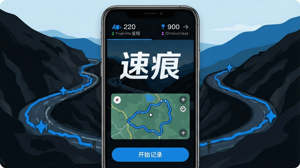 一张手机屏幕展示摩托车骑行记录APP主界面的图片,画面中央是APP名称“速痕”醒目显示,背景是蜿蜒的山路和骑行轨迹线条,界面布局简洁,顶部显示骑行里程和时长,中间是地图轨迹预览,底部有开始记录按钮,风格现代扁平化,蓝黑色调为主,细节清晰,画质干净无多余元素